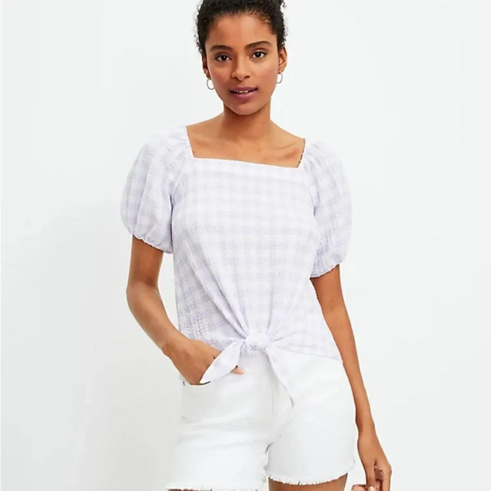 LOFT Gingham Smocked Top Square Neck Puff Sleeve Tie Front Blouse Sz L NWT